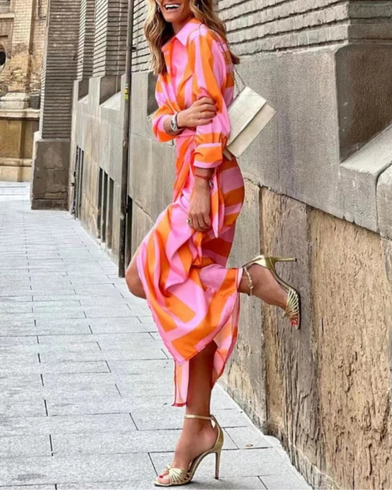 Wickelkleid Damen – Streifendesign mit 3/4-Ärmeln und Bindegürtel