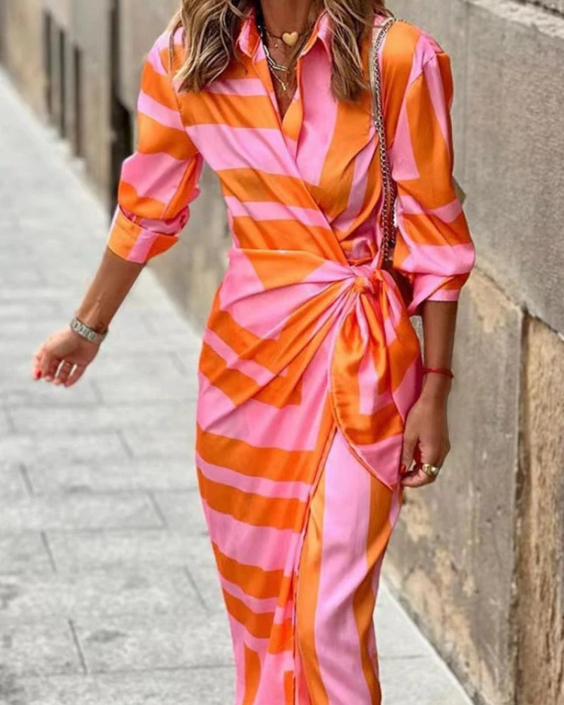 Wickelkleid Damen – Streifendesign mit 3/4-Ärmeln und Bindegürtel