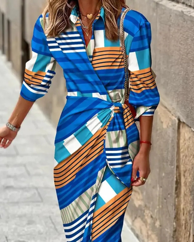 Wickelkleid Damen – Streifendesign mit 3/4-Ärmeln und Bindegürtel