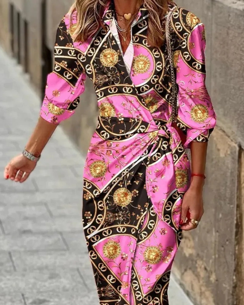 Wickelkleid Damen – Streifendesign mit 3/4-Ärmeln und Bindegürtel