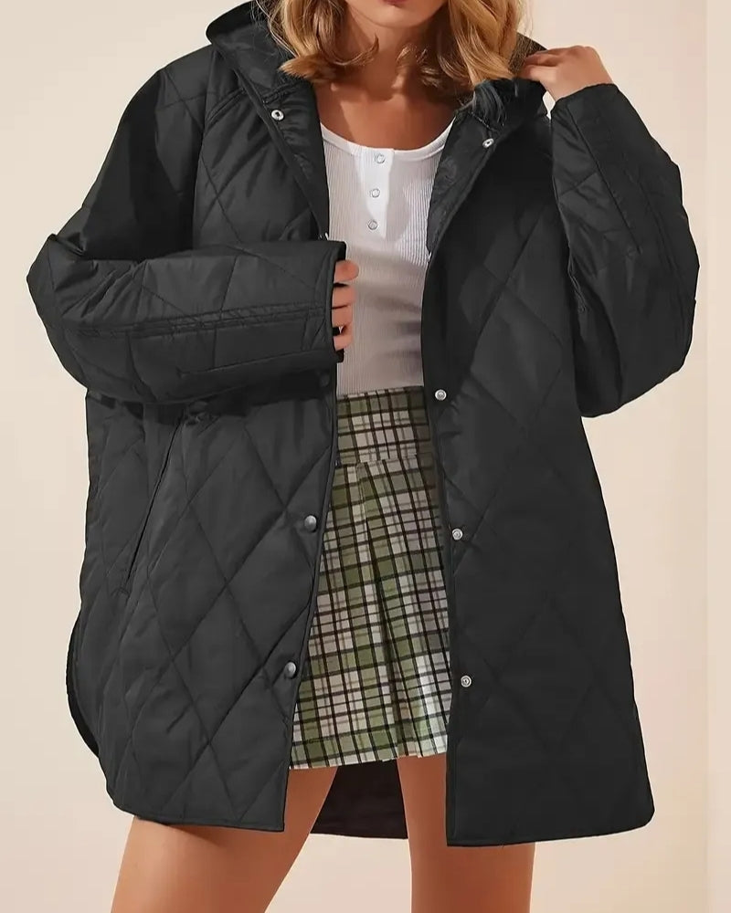 Winter Pufferjacke Damen – Lange gesteppte Winterjacke mit Kapuze und lockerem Schnitt