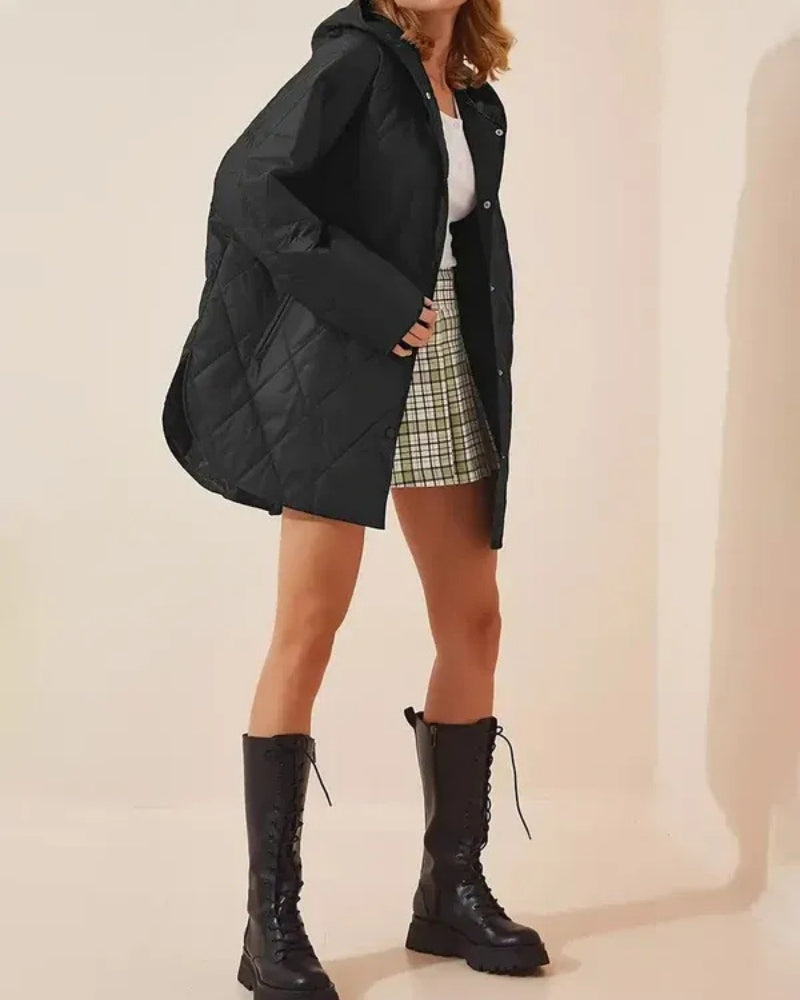 Winter Pufferjacke Damen – Lange gesteppte Winterjacke mit Kapuze und lockerem Schnitt