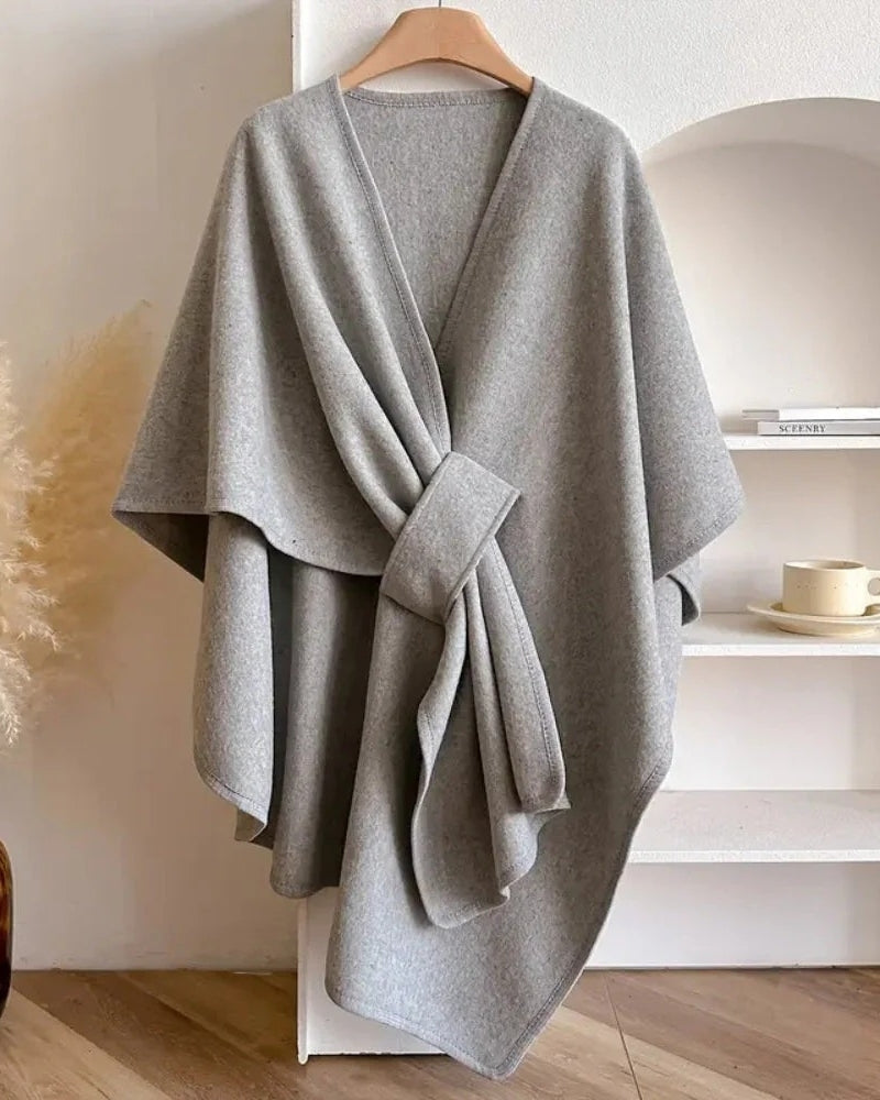 Winterjacke Mantel Damen – Poncho-Look mit V-Ausschnitt und Bindung für den Winter