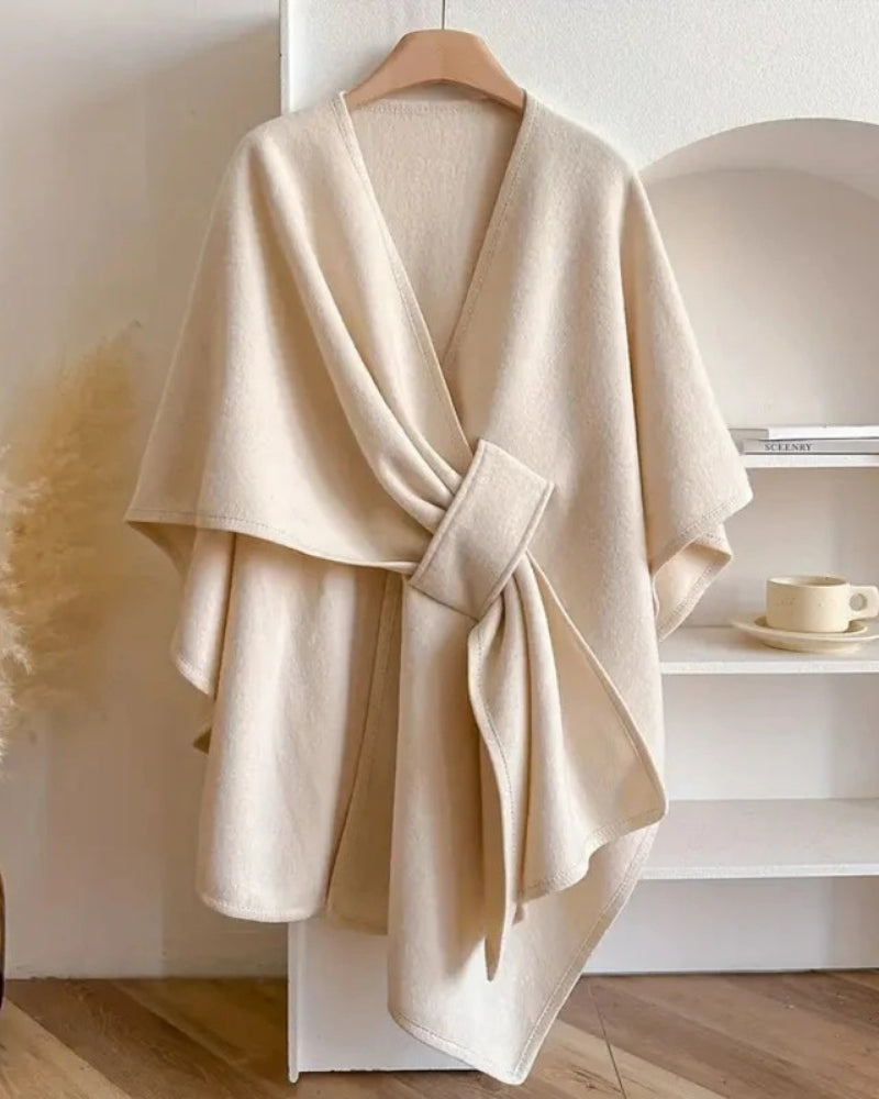 Winterjacke Mantel Damen – Poncho-Look mit V-Ausschnitt und Bindung für den Winter