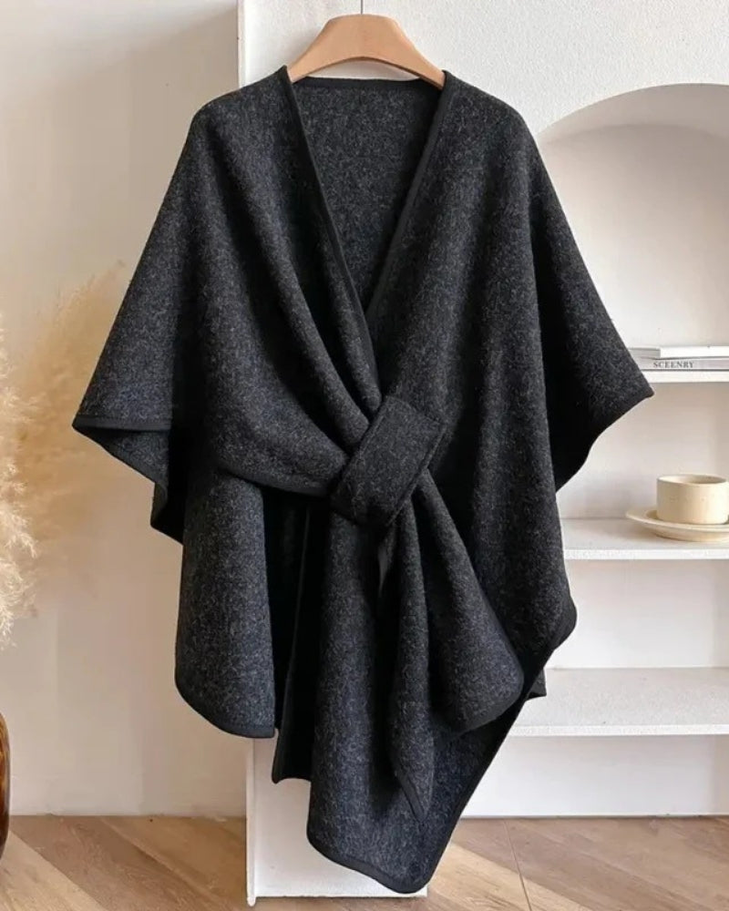 Winterjacke Mantel Damen – Poncho-Look mit V-Ausschnitt und Bindung für den Winter