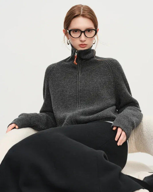 Wolle Pullover Damen – Warmer Wollpullover mit Zip-Neck für Herbst und Winter