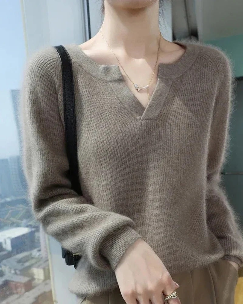 Wollpullover Damen – V-Ausschnitt Pullover aus 100 % Wolle für Herbst und Winter