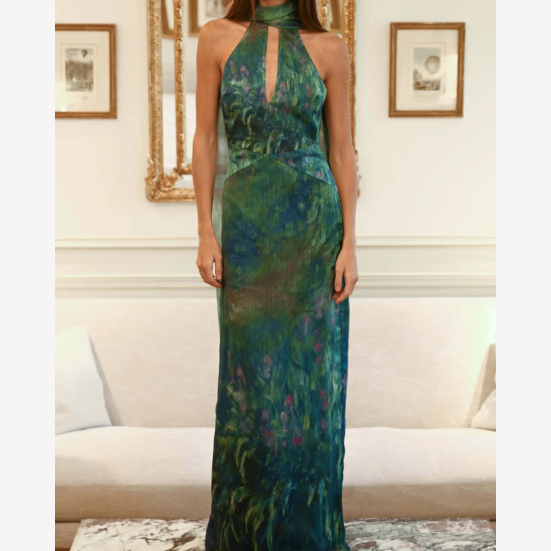 Maxikleid Damen – Langes Abendkleid mit Blumenmuster und Neckholder-Ausschnitt