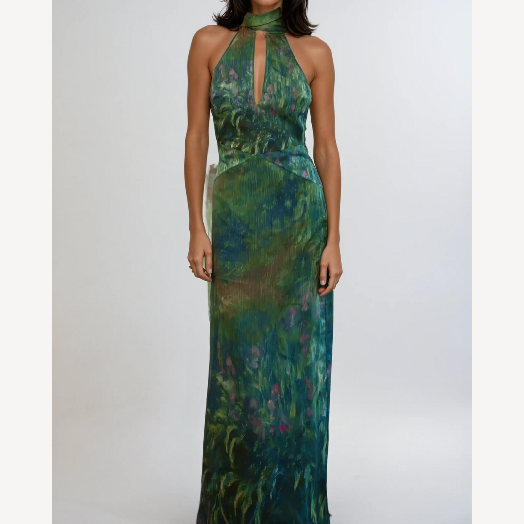 Maxikleid Damen – Langes Abendkleid mit Blumenmuster und Neckholder-Ausschnitt