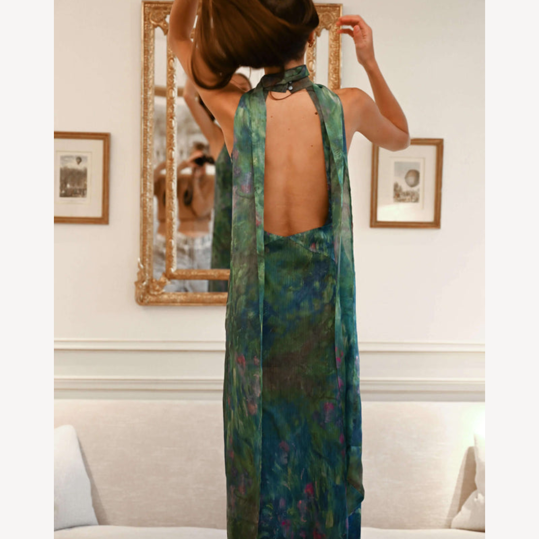 Maxikleid Damen – Langes Abendkleid mit Blumenmuster und Neckholder-Ausschnitt