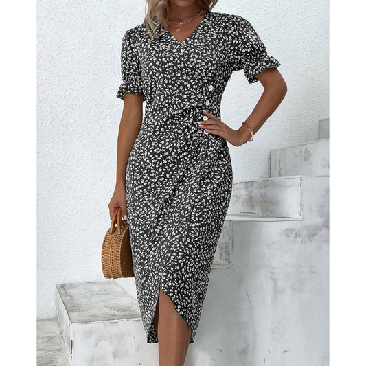 Ylva | Damen Sommerkleid Midi Wickel Mit Blumen Für Alltag