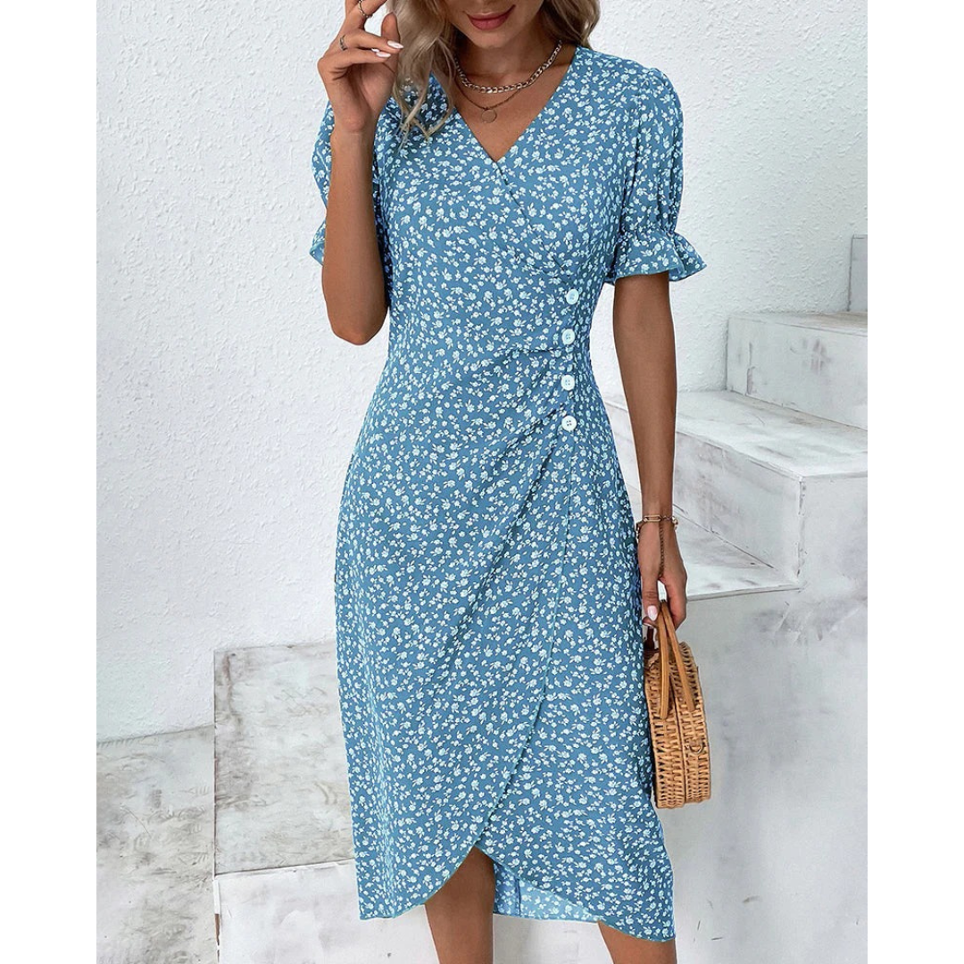 Ylva | Damen Sommerkleid Midi Wickel Mit Blumen Für Alltag