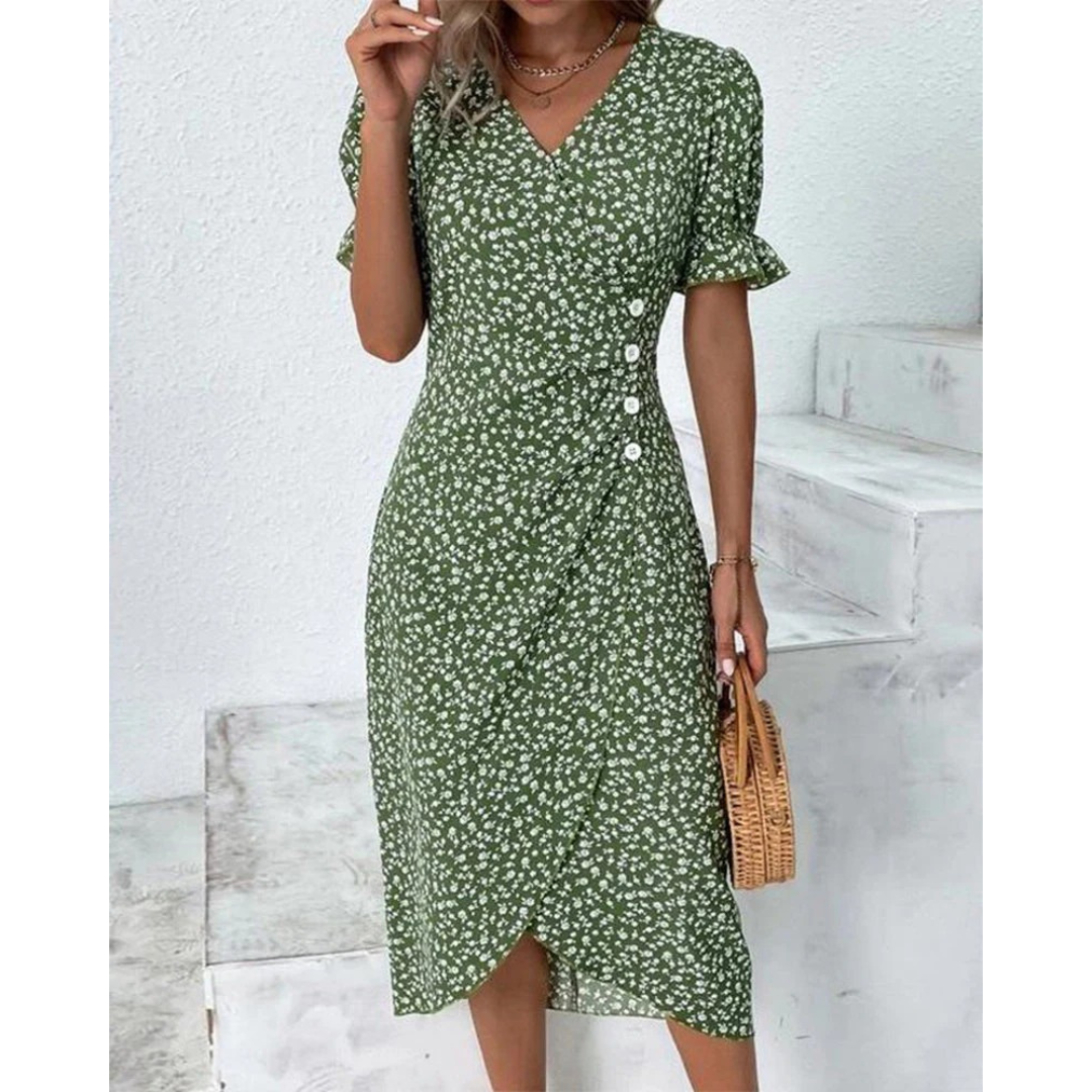 Ylva | Damen Sommerkleid Midi Wickel Mit Blumen Für Alltag