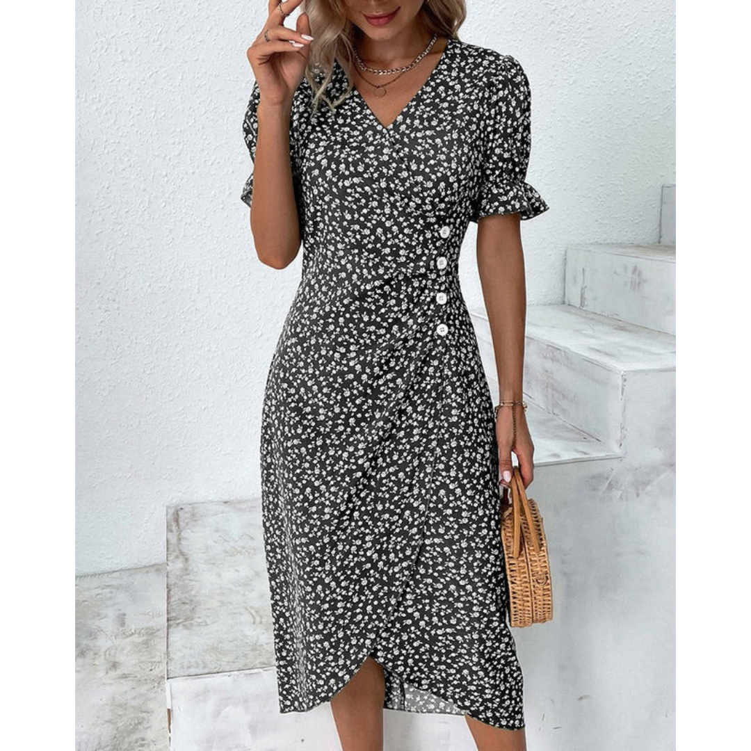 Ylva | Damen Sommerkleid Midi Wickel Mit Blumen Für Alltag